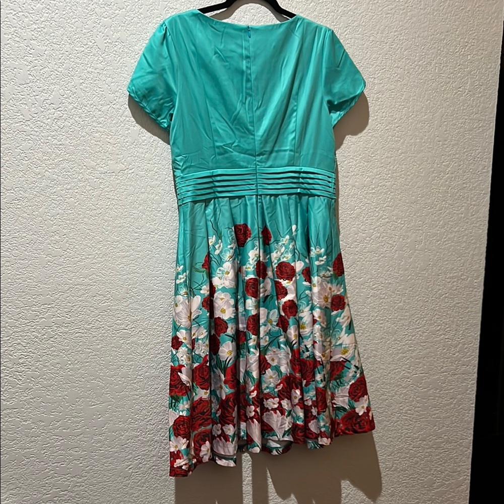 Lindy Bop Floral Teal and Red Women's Dress - Picture 5 of 6